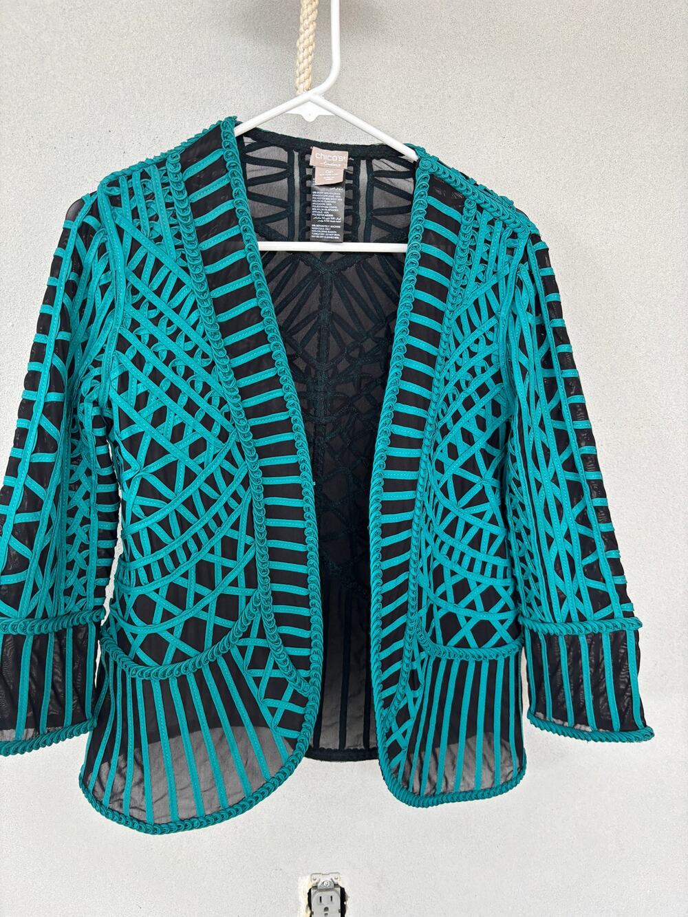 Chicos Travelers 3P Teal Ribbon Hook & Eye Jacket Grandmacore Retro Vintage Y2K